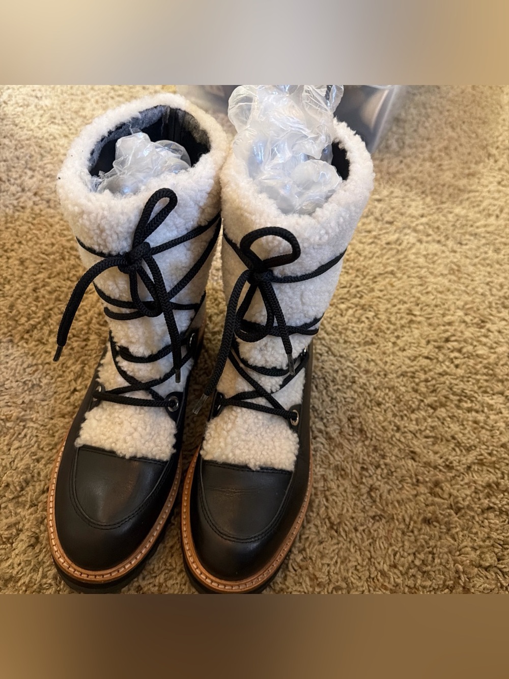 Marc Fisher Black Leather and White Sherpa Lace-Up Winter Boots
